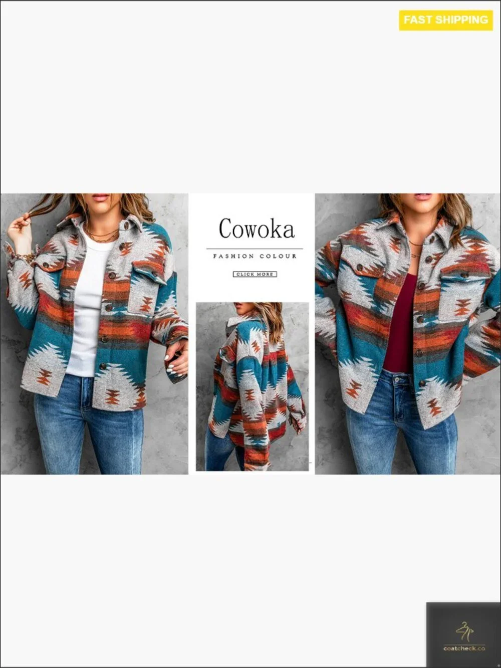 Vintage Aztec Print Shacket Button Down Long Sleeve Woolen Jacket Coat Oversized